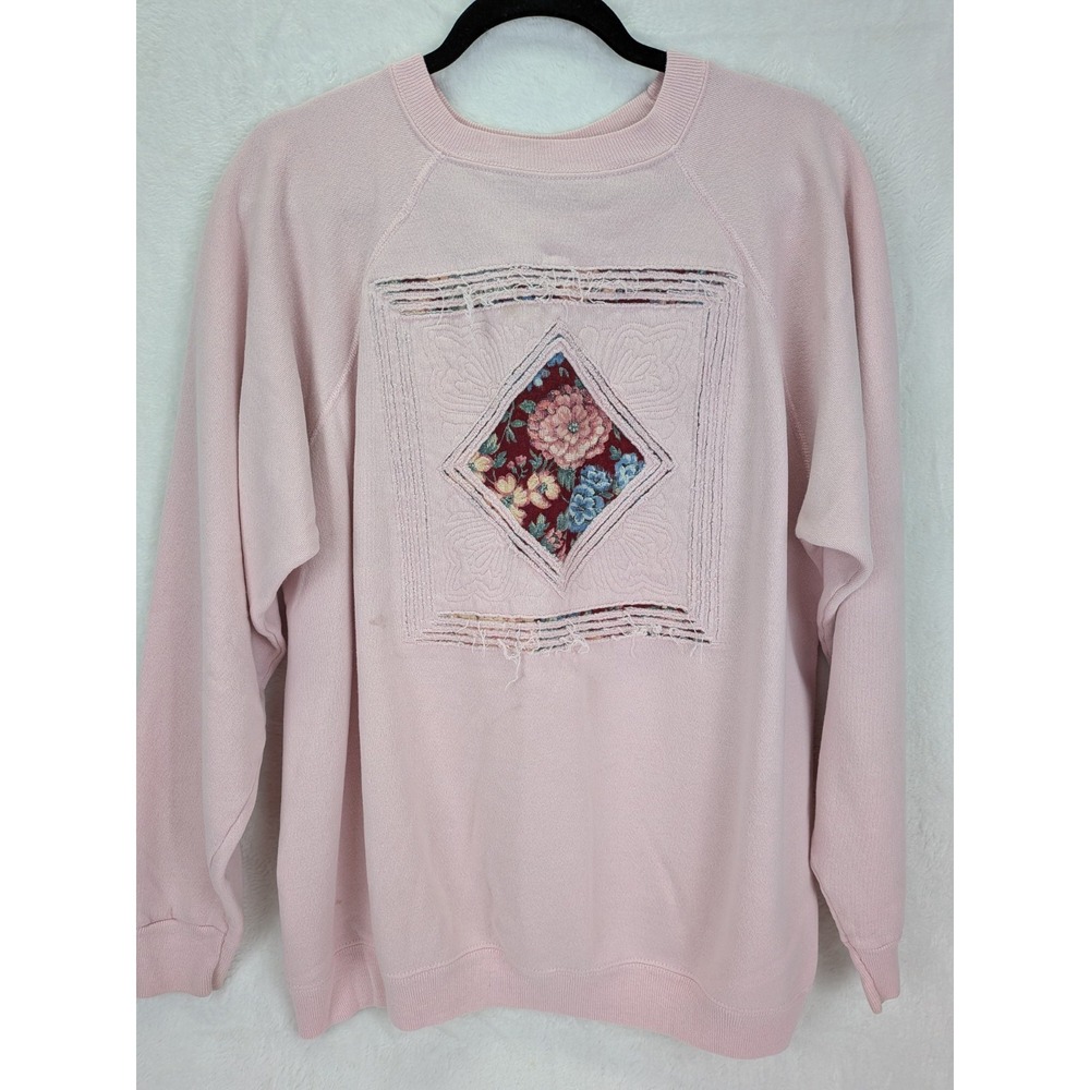 Vintage Quilted Patchwork Sweatshirt Women XXL Grandma Tapestry 90s Mom Cozy